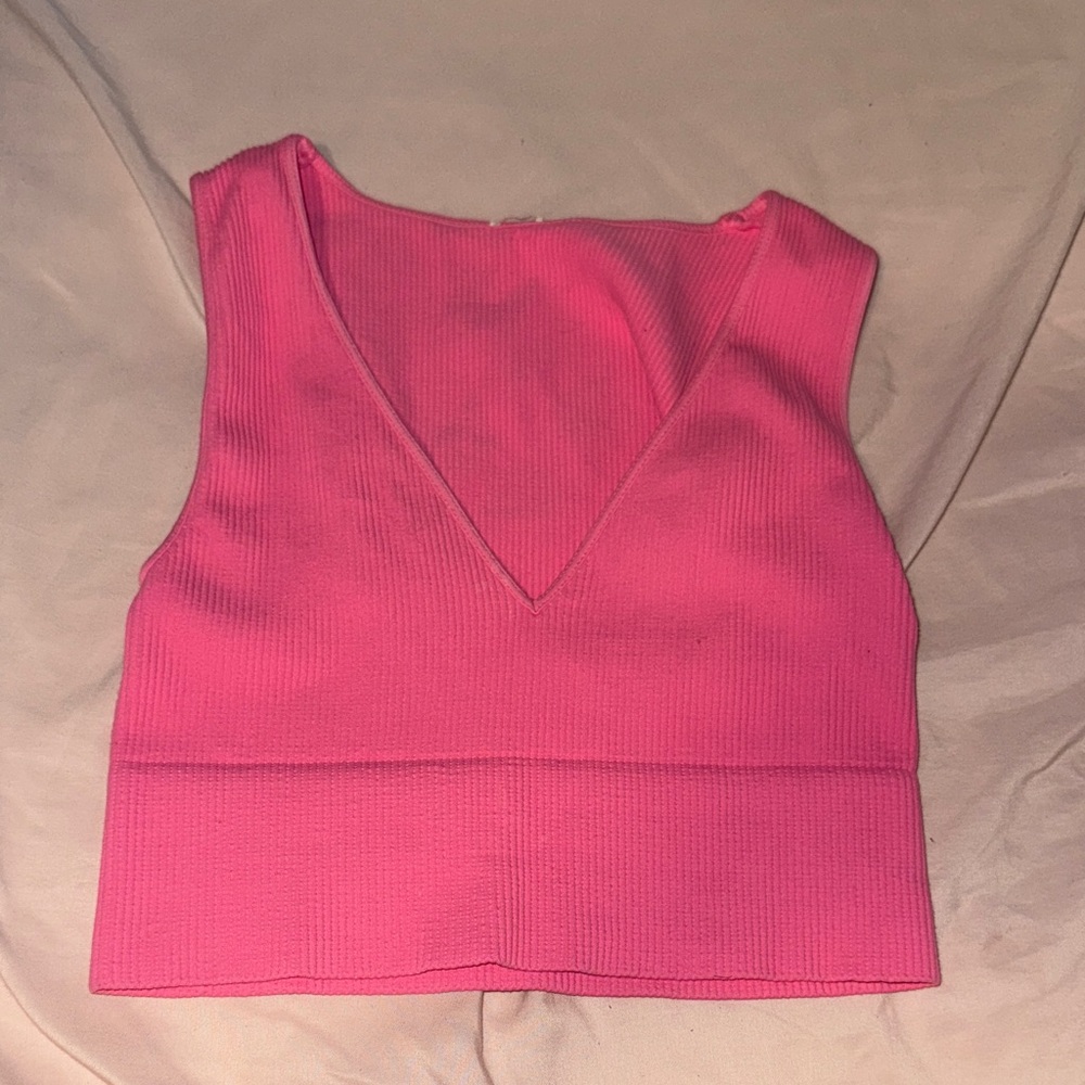 Pink V-Neck Ribbed Women's Top
